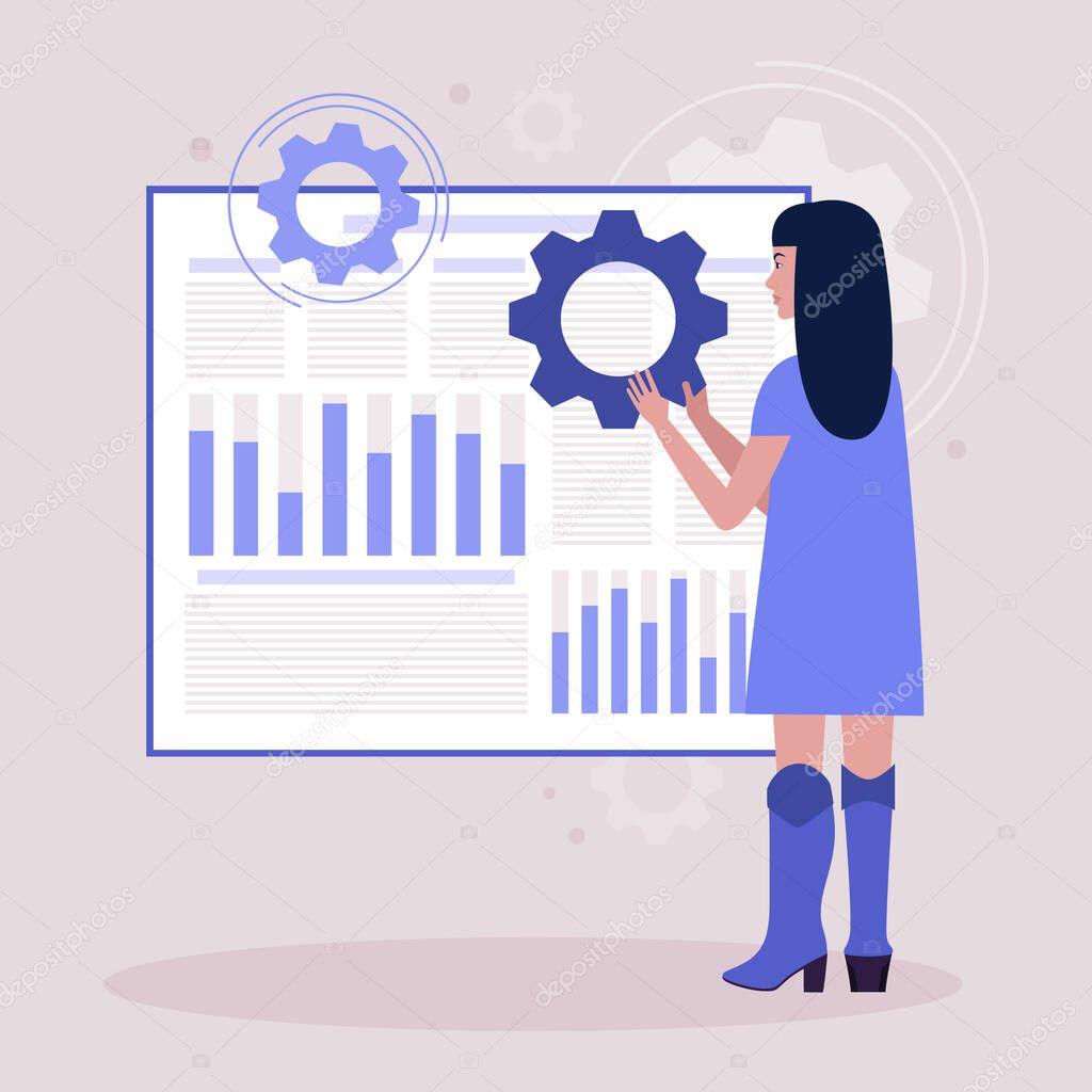 Young woman holding gear and generating ideas for report chart, business statistic, analysis