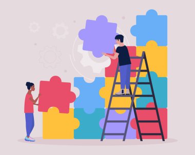 Kayıp bulmacanın parçalarını birbirine bağlayan insanların bir tasviri. Problem çözme konsepti. Bulmaca çözeltisi. Doğru seçim. Düz bir şekilde vektör illüstrasyonu