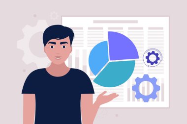 İş analizi konsepti. Bilgi, proje, istatistik sunan genç bir adam. Düz bir şekilde vektör illüstrasyonu.