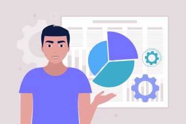 İş analizi konsepti. Bilgi, proje, istatistik sunan genç bir adam. Düz bir şekilde vektör illüstrasyonu.