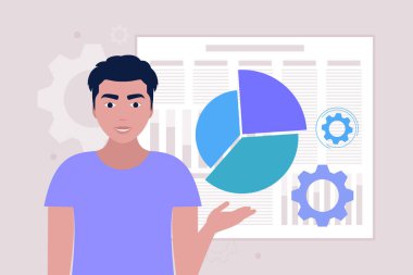 İş analizi konsepti. Bilgi, proje, istatistik sunan genç bir adam. Düz bir şekilde vektör illüstrasyonu.