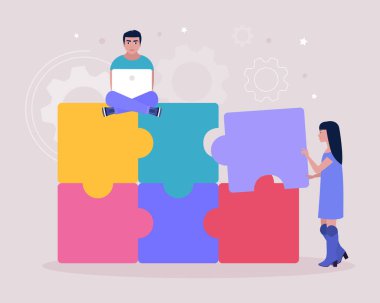 Kayıp bulmacanın parçalarını birbirine bağlayan insanların bir tasviri. Problem çözme konsepti. Bulmaca çözeltisi. Doğru seçim. Düz bir şekilde vektör illüstrasyonu