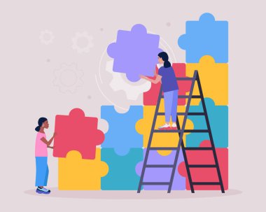 Bulmacanın eksik parçalarını birleştiren kadın tasviri. Problem çözme konsepti. Bulmaca çözeltisi. Doğru seçim. Düz bir şekilde vektör illüstrasyonu