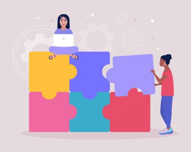 Bulmacanın eksik parçalarını birleştiren kadın tasviri. Problem çözme konsepti. Bulmaca çözeltisi. Doğru seçim. Düz bir şekilde vektör illüstrasyonu