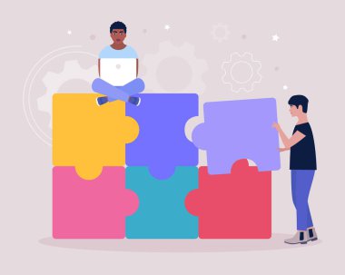 Bulmacanın eksik parçalarını birleştiren adamların tasviri. Problem çözme konsepti. Bulmaca çözeltisi. Doğru seçim. Düz bir şekilde vektör illüstrasyonu