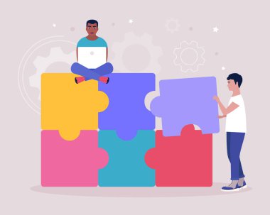 Bulmacanın eksik parçalarını birleştiren adamların tasviri. Problem çözme konsepti. Bulmaca çözeltisi. Doğru seçim. Düz bir şekilde vektör illüstrasyonu