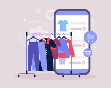 Askılarda çeşitli kıyafetler. Akıllı telefondan online alışveriş. Düz bir şekilde vektör illüstrasyonu