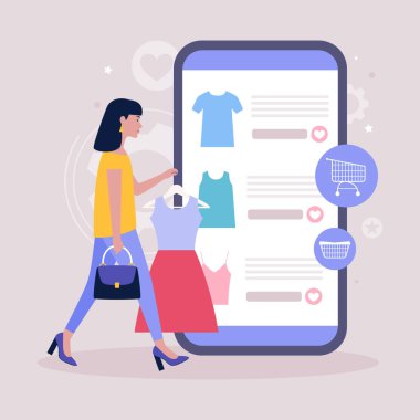 Alışveriş konsepti. Elbiseli bir askı tutan genç bir kadın. Akıllı telefondan online alışveriş. Düz bir şekilde vektör illüstrasyonu