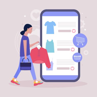 Alışveriş konsepti. Elbiseli bir askı tutan genç bir kadın. Akıllı telefondan online alışveriş. Düz bir şekilde vektör illüstrasyonu