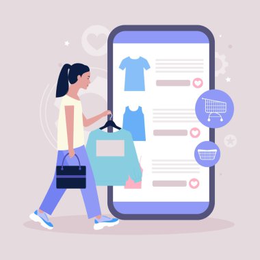 Alışveriş konsepti. Elbiseli bir askı tutan genç bir kadın. Akıllı telefondan online alışveriş. Düz bir şekilde vektör illüstrasyonu