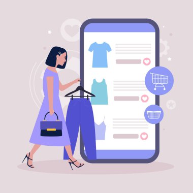 Alışveriş konsepti. Elbiseli bir askı tutan genç bir kadın. Akıllı telefondan online alışveriş. Düz bir şekilde vektör illüstrasyonu
