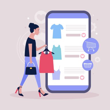 Alışveriş konsepti. Elbiseli bir askı tutan genç bir kadın. Akıllı telefondan online alışveriş. Düz bir şekilde vektör illüstrasyonu