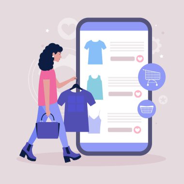 Alışveriş konsepti. Elbiseli bir askı tutan genç bir kadın. Akıllı telefondan online alışveriş. Düz bir şekilde vektör illüstrasyonu