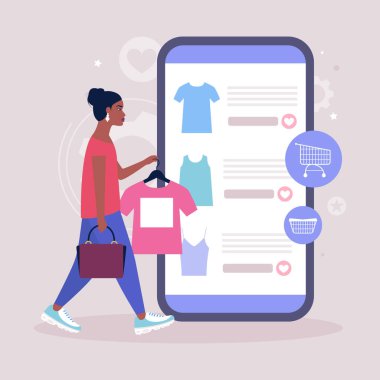 Alışveriş konsepti. Elbiseli bir askı tutan genç bir kadın. Akıllı telefondan online alışveriş. Düz bir şekilde vektör illüstrasyonu