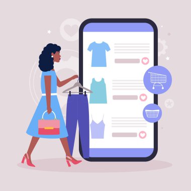 Alışveriş konsepti. Elbiseli bir askı tutan genç bir kadın. Akıllı telefondan online alışveriş. Düz bir şekilde vektör illüstrasyonu