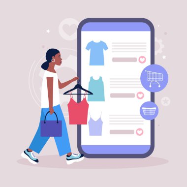 Alışveriş konsepti. Elbiseli bir askı tutan genç bir kadın. Akıllı telefondan online alışveriş. Düz bir şekilde vektör illüstrasyonu