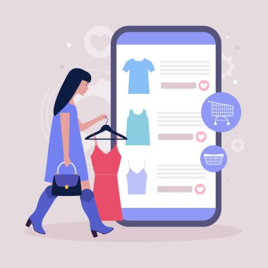 Alışveriş konsepti. Elbiseli bir askı tutan genç bir kadın. Akıllı telefondan online alışveriş. Düz bir şekilde vektör illüstrasyonu