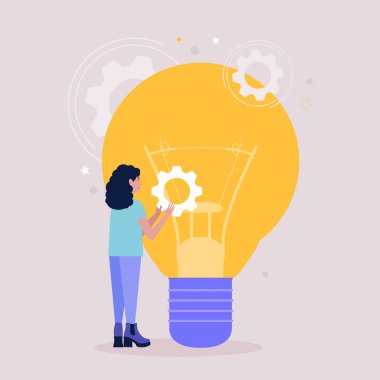 Genç bir kadın büyük bir ampulün yanında vites tutuyor. Beyin fırtınası konsepti. Düz bir şekilde vektör illüstrasyonu.