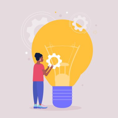 Genç bir kadın büyük bir ampulün yanında vites tutuyor. Beyin fırtınası konsepti. Düz bir şekilde vektör illüstrasyonu.