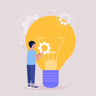 Genç adam büyük bir ampulün yanında vites tutuyor. Beyin fırtınası konsepti. Düz bir şekilde vektör illüstrasyonu.