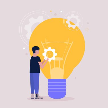Genç adam büyük bir ampulün yanında vites tutuyor. Beyin fırtınası konsepti. Düz bir şekilde vektör illüstrasyonu.