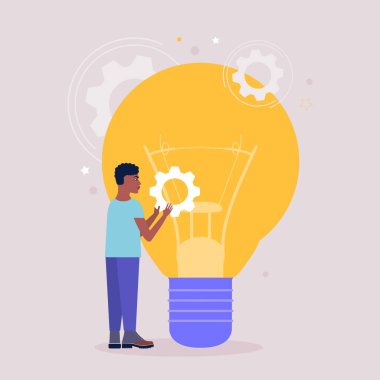 Genç adam büyük bir ampulün yanında vites tutuyor. Beyin fırtınası konsepti. Düz bir şekilde vektör illüstrasyonu.