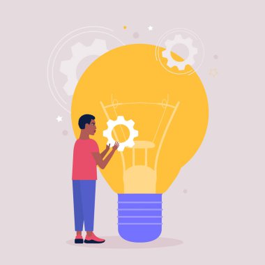 Genç adam büyük bir ampulün yanında vites tutuyor. Beyin fırtınası konsepti. Düz bir şekilde vektör illüstrasyonu.
