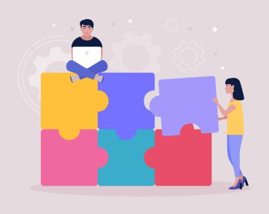 Kayıp bulmacanın parçalarını birbirine bağlayan insanların bir tasviri. Problem çözme konsepti. Bulmaca çözeltisi. Doğru seçim. Düz bir şekilde vektör illüstrasyonu