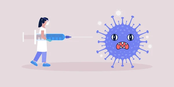 Concept Vaccin Jeune Femme Avec Seringue Contre Les Bactéries Coronavirus — Image vectorielle