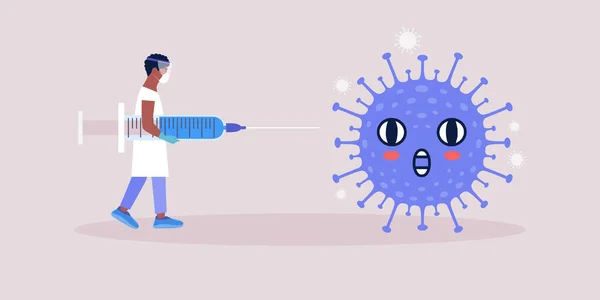 Concept Vaccin Jeune Homme Avec Seringue Contre Les Bactéries Coronavirus — Image vectorielle