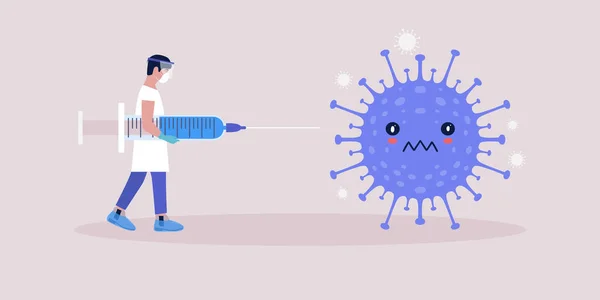 ワクチンの概念 コロナウイルス菌に対する注射器を持つ若い男 平面図のベクトル図 — ストックベクタ