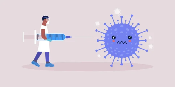 Concept Vaccin Jeune Homme Avec Seringue Contre Les Bactéries Coronavirus — Image vectorielle