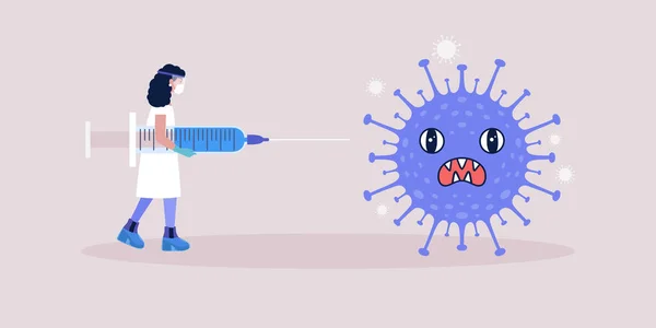 ワクチンの概念 コロナウイルス菌に対する注射器を持つ若い女性 平面図のベクトル図 — ストックベクタ