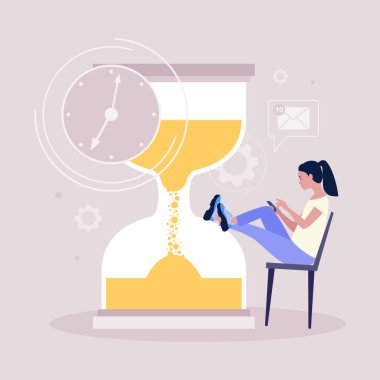 Erteleme konsepti. Genç bir kadın telefonda dinleniyor ya da dikkati dağılmış, haber akışı ya da sosyal ağları kum saatinin arka planında seyrediyor. Düz bir şekilde vektör illüstrasyonu