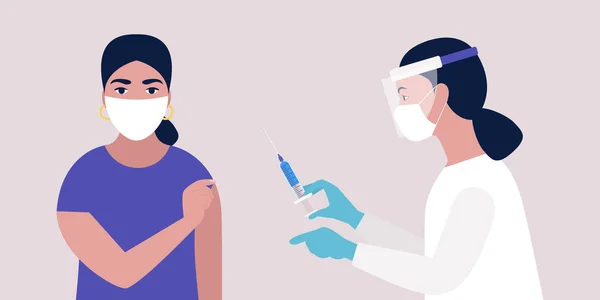 Vaccine Concept Doctor Vaccinates Young Woman Coronavirus Vector Illustration Flat — Stock Vector