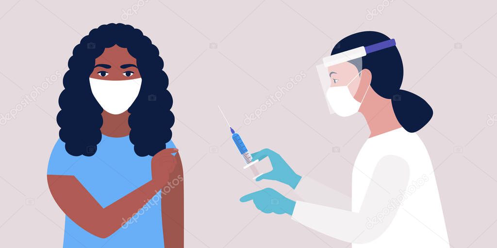 Vaccine concept. Doctor vaccinates young woman against coronavirus. Vector illustration in a flat style