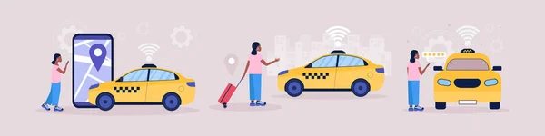 Concept Taxi Une Jeune Femme Évalue Trajet Taxi Une Jeune — Image vectorielle