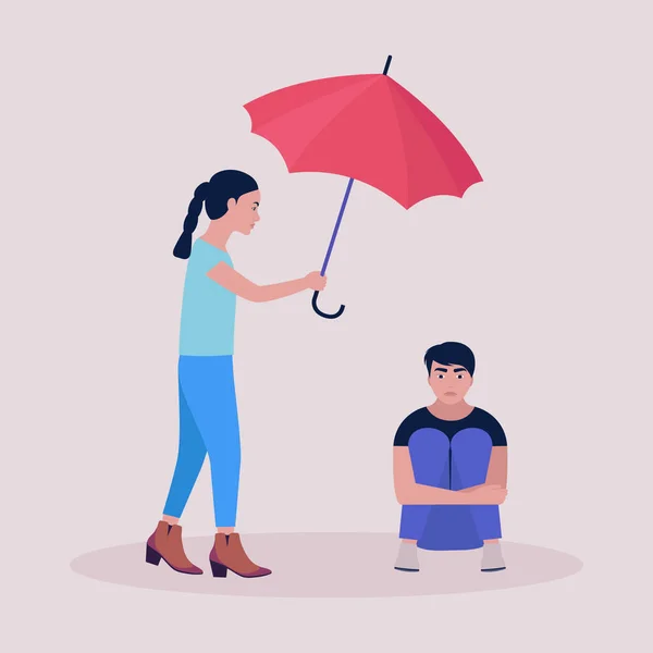 Help Support Concept Young Woman Holding Umbrella Seated Man Colorful — Stock Vector