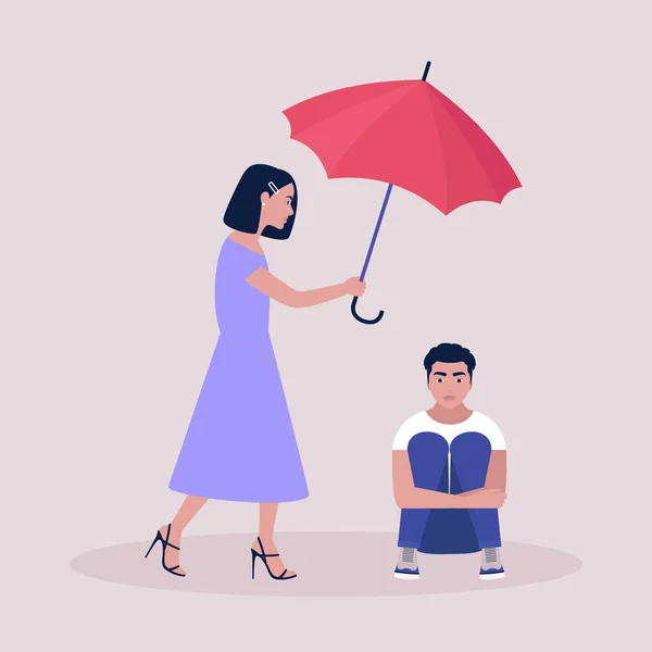 Help Support Concept Young Woman Holding Umbrella Seated Man Colorful — Stock Vector