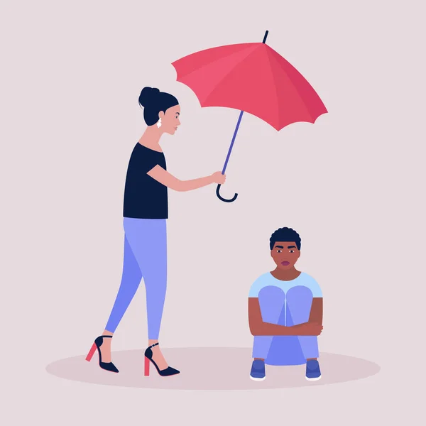 Concepto Ayuda Apoyo Mujer Joven Sosteniendo Paraguas Sobre Hombre Sentado — Vector de stock