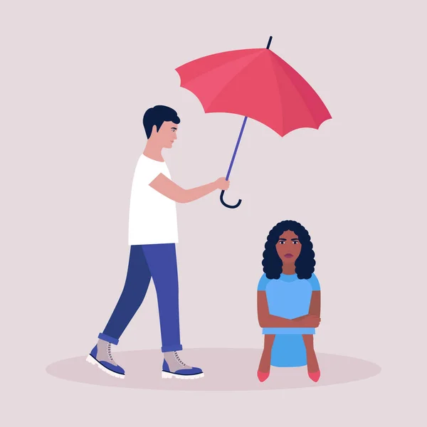 Concepto Ayuda Apoyo Joven Sosteniendo Paraguas Sobre Una Mujer Sentada — Vector de stock