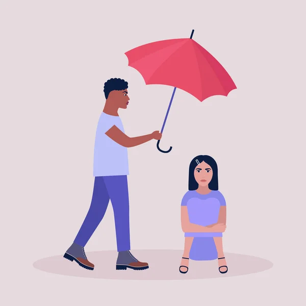 Concepto Ayuda Apoyo Joven Sosteniendo Paraguas Sobre Una Mujer Sentada — Vector de stock
