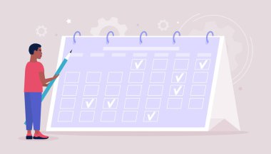 Program, planlama, etkinlikler, zaman yönetimi konsepti. Renkli düz vektör illüstrasyonu