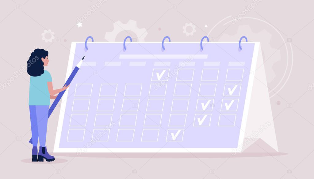 Schedule, planning, events, time management concept. Colorful flat vector illustration