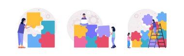 Kayıp bulmacanın parçalarını birbirine bağlayan insanların bir tasviri. Problem çözme konsepti. Bulmaca çözeltisi. Doğru seçim. Düz bir şekilde vektör illüstrasyonu