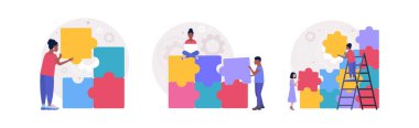 Kayıp bulmacanın parçalarını birbirine bağlayan insanların bir tasviri. Problem çözme konsepti. Bulmaca çözeltisi. Doğru seçim. Düz bir şekilde vektör illüstrasyonu