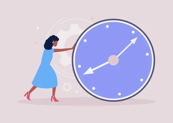 若い女性は大きな時計を転がしている 締め切り 時間管理の概念 カラフルなフラットベクトルイラスト — ストックベクタ
