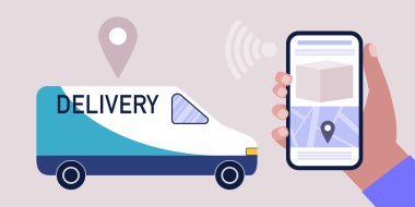 Teslimat konsepti. Kuryeler emirleri iletmek için arabayla giderler. Düz bir şekilde vektör illüstrasyonu