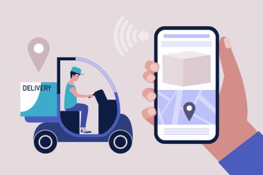Teslimat konsepti. Paketi teslim etmek için kurye scooter kullanıyor. Düz bir şekilde vektör illüstrasyonu