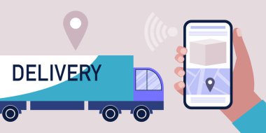 Teslimat konsepti. Kuryeler emirleri iletmek için kamyonla giderler. Düz bir şekilde vektör illüstrasyonu